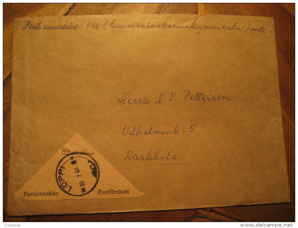 Loppi 1960 To Karkkila Kumpala Postiennakko Postforskott Label Parcel-post Postage Free Paid Cover Finland - Colis Postaux