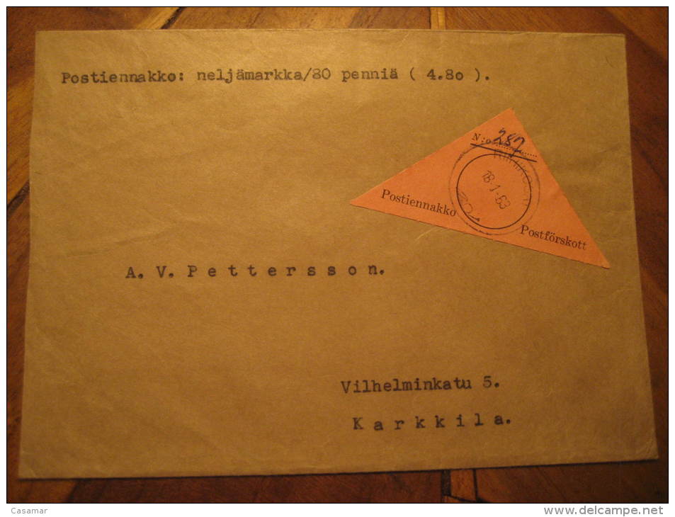 Riihikoski 1963 To Karkkila Postiennakko Postforskott Label Parcel-post Postage Free Paid Cover Finland - Parcel Post