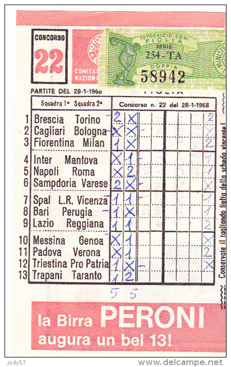 SCHEDINA TOTOCALCIO N.22 DEL 28-1-1968 - GIOCATA - Altri & Non Classificati