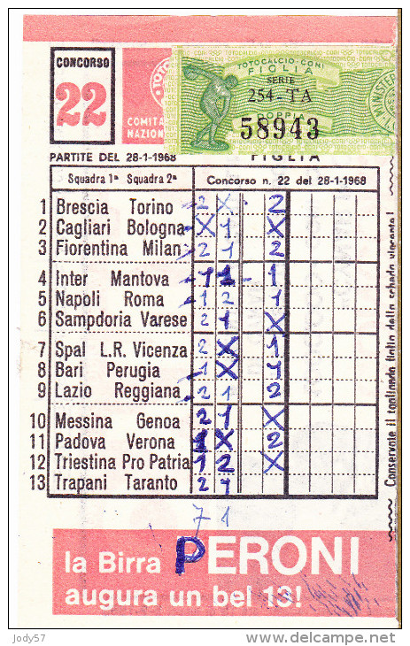 SCHEDINA TOTOCALCIO N.22 DEL 28-1-1968 - GIOCATA - Altri & Non Classificati