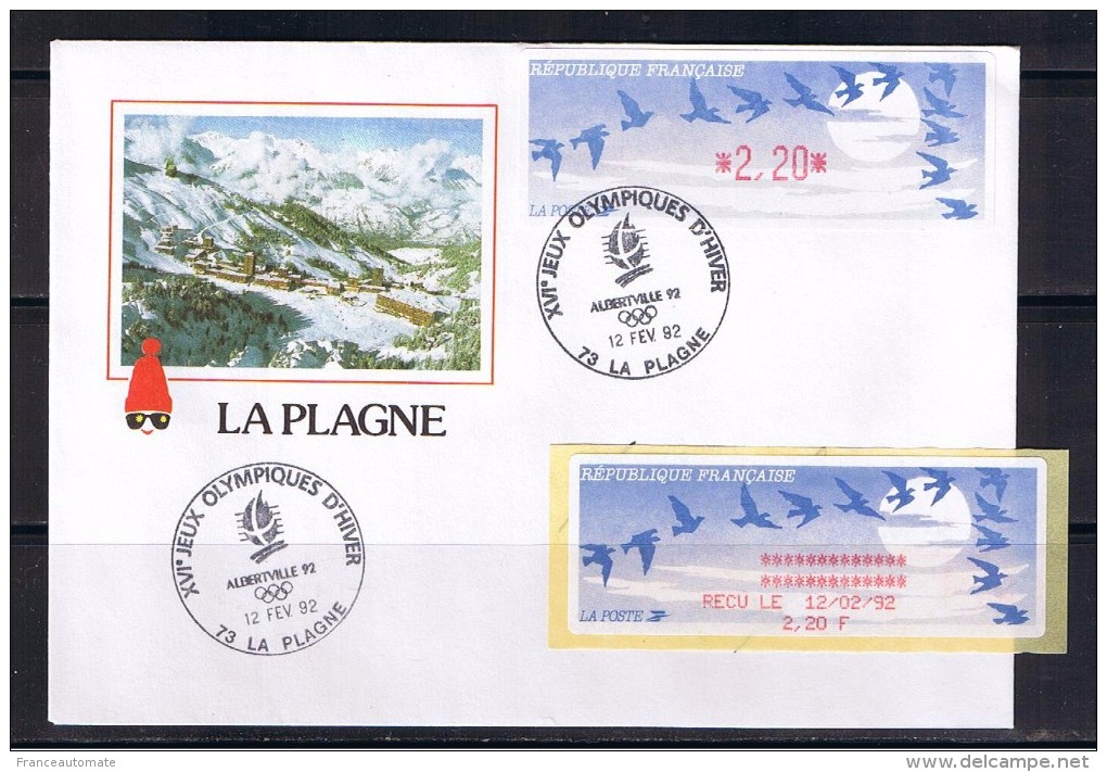 JEUX OLYMPIQUES, LA PLAGNE, LISA 2, LETTRE,2.20 AVEC RECU, TAD DES J.O. 92, LA PLAGNE, Au 12/02/92. - 1990 « Oiseaux De Jubert »