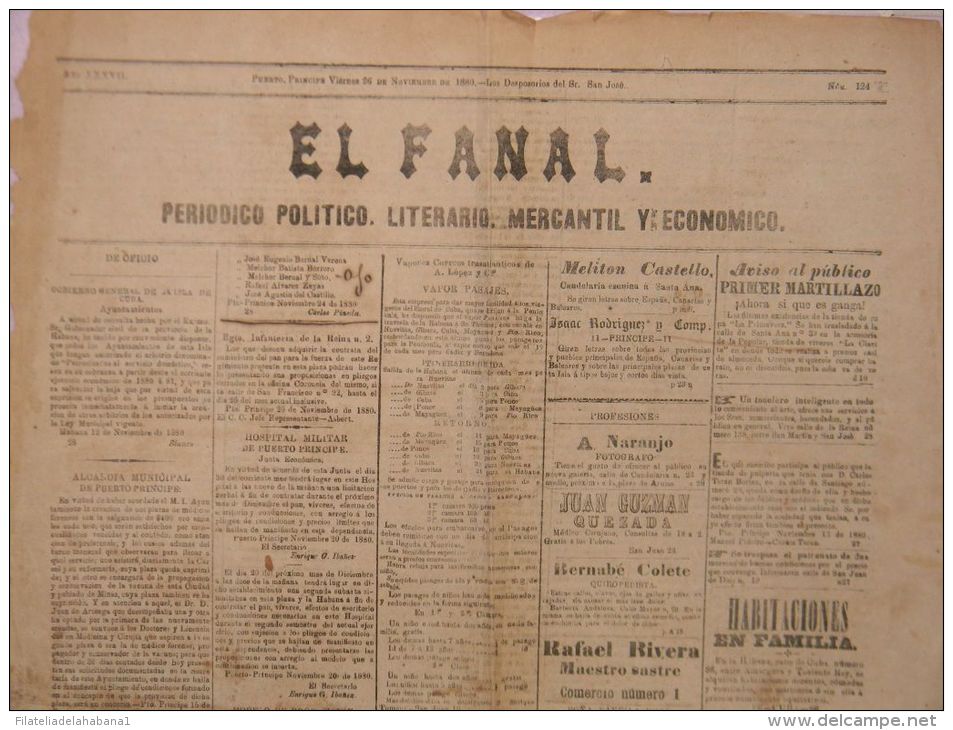 BP266 CUBA SPAIN NEWSPAPER ESPAÑA 1880 EL FANAL 26.11.1880 55X38cm - [1] Hasta 1980