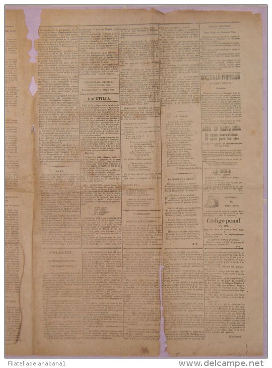 BP266 CUBA SPAIN NEWSPAPER ESPAÑA 1880 EL FANAL 26.11.1880 55X38cm - [1] Hasta 1980