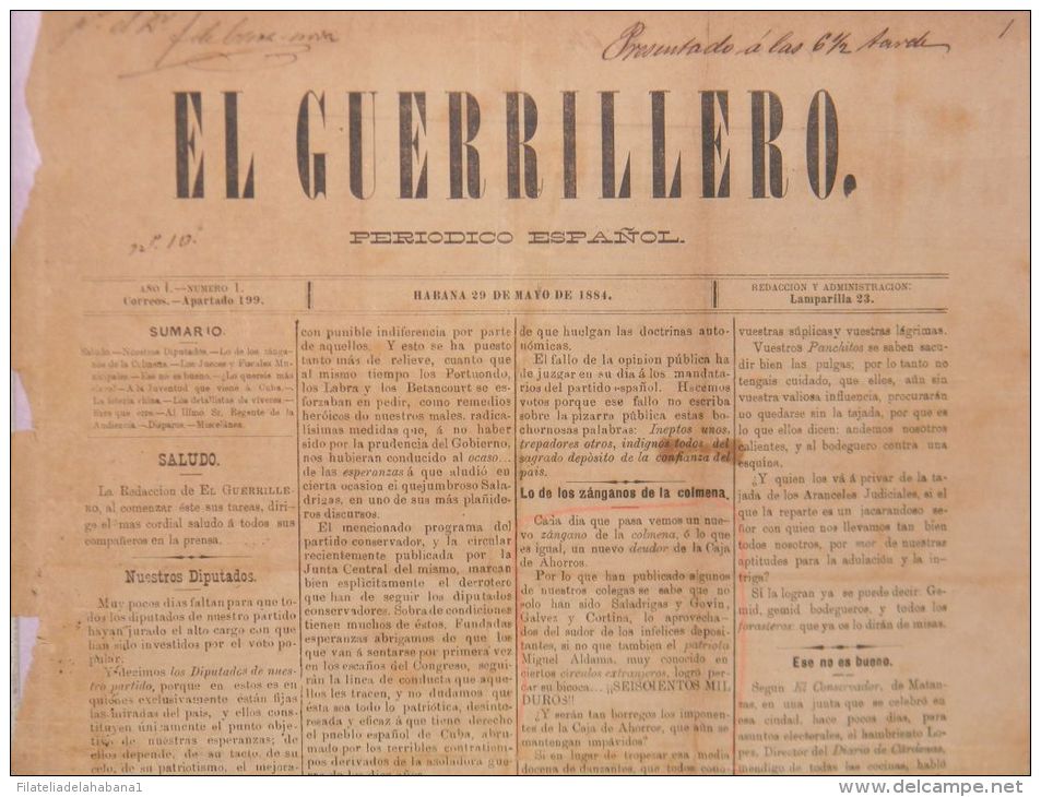 BP267 CUBA SPAIN NEWSPAPER ESPAÑA 1884 EL GUERRILLERO 29.05.1884 46X32cm - [1] Jusqu' à 1980