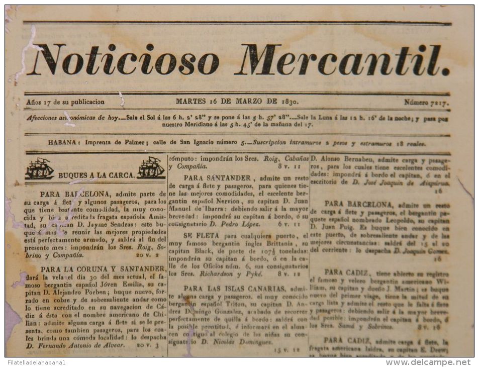 BP271 CUBA SPAIN NEWSPAPER ESPAÑA 1830 NOTICIOSO MERCANTIL 16.03.1830 37X24cm - [1] Until 1980