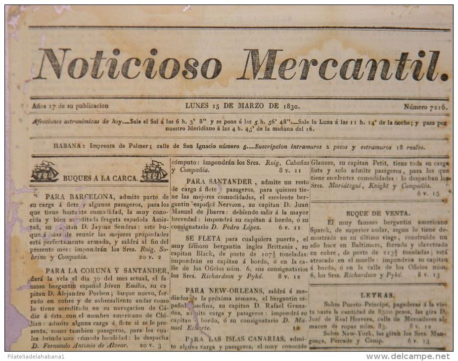 BP272 CUBA SPAIN NEWSPAPER ESPAÑA 1830 NOTICIOSO MERCANTIL 15.03.1830 37X25cm - [1] Bis 1980