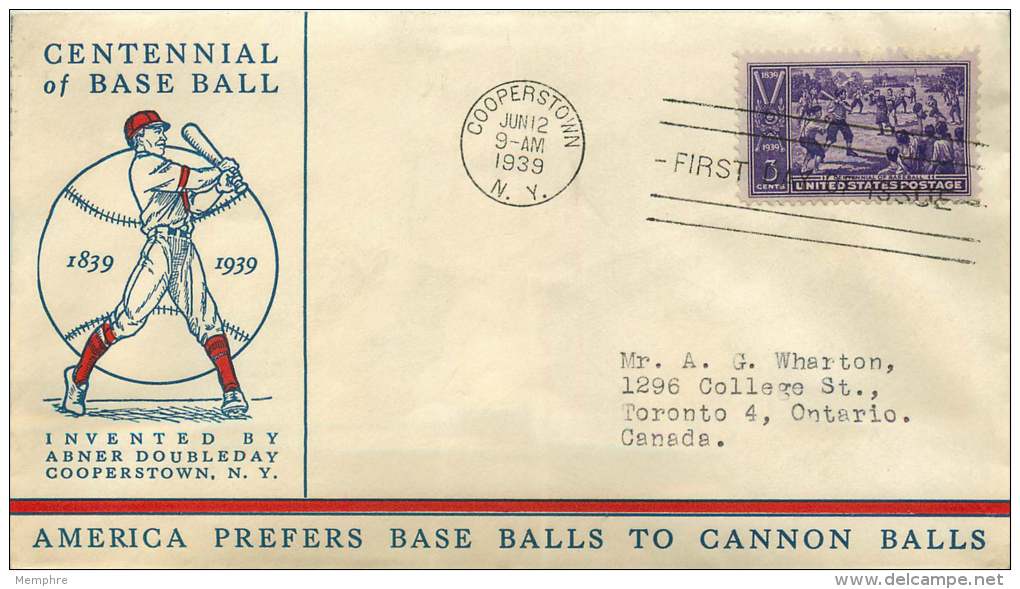 1939  Baseball Centennial    Sc 855  Cooperstown NY Cancel - 1851-1940