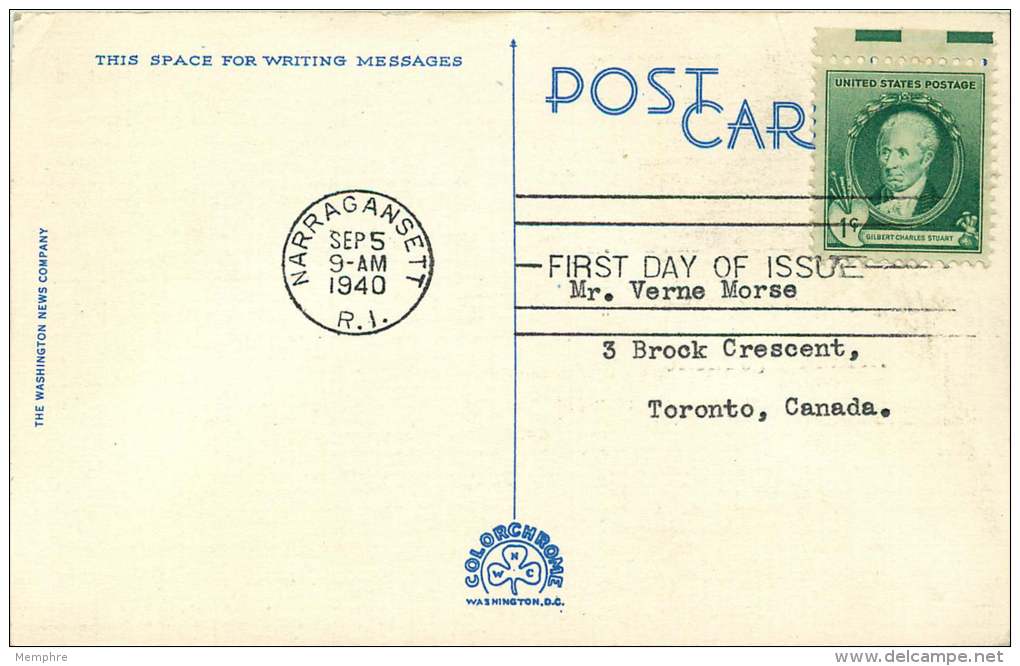 1940  Famous Americans  Gilbert Stuart  Sc 884  Single On Postcard  Narragansett RI Cancel - 1851-1940