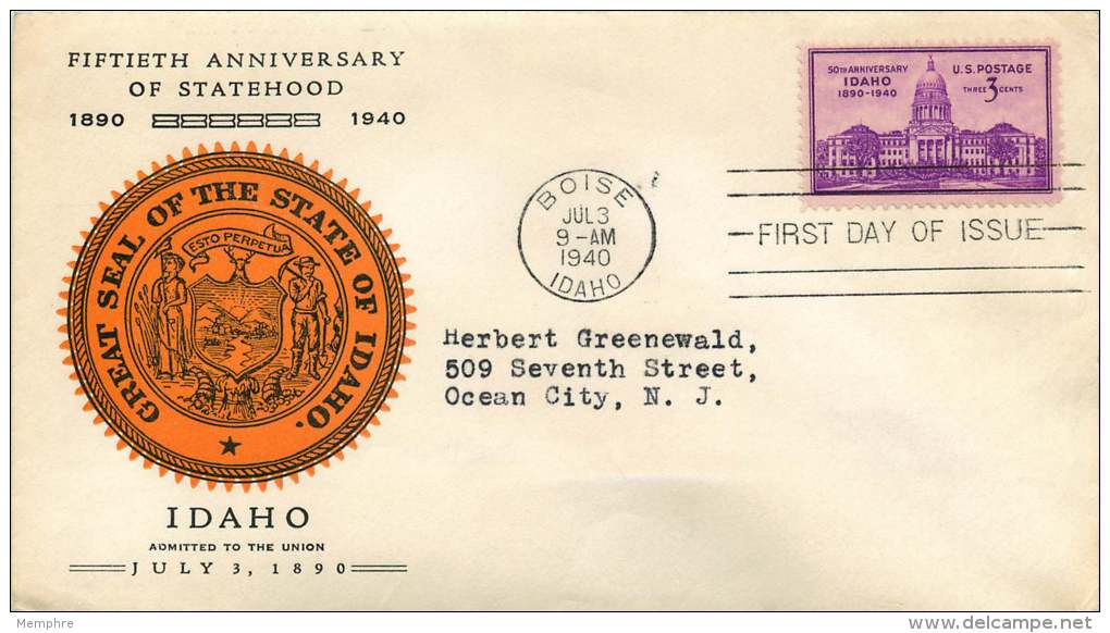 1940  Idaho Statehood  Sc 896  Boise ID Cancel  Unknpown Cachet - 1851-1940