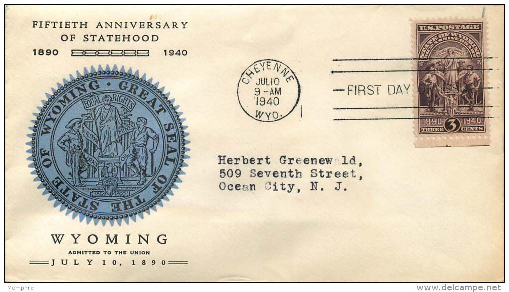 1940  Wyoming  Statehood  Sc 897  Cheryenne WY Cancel  Unknpown Cachet - 1851-1940