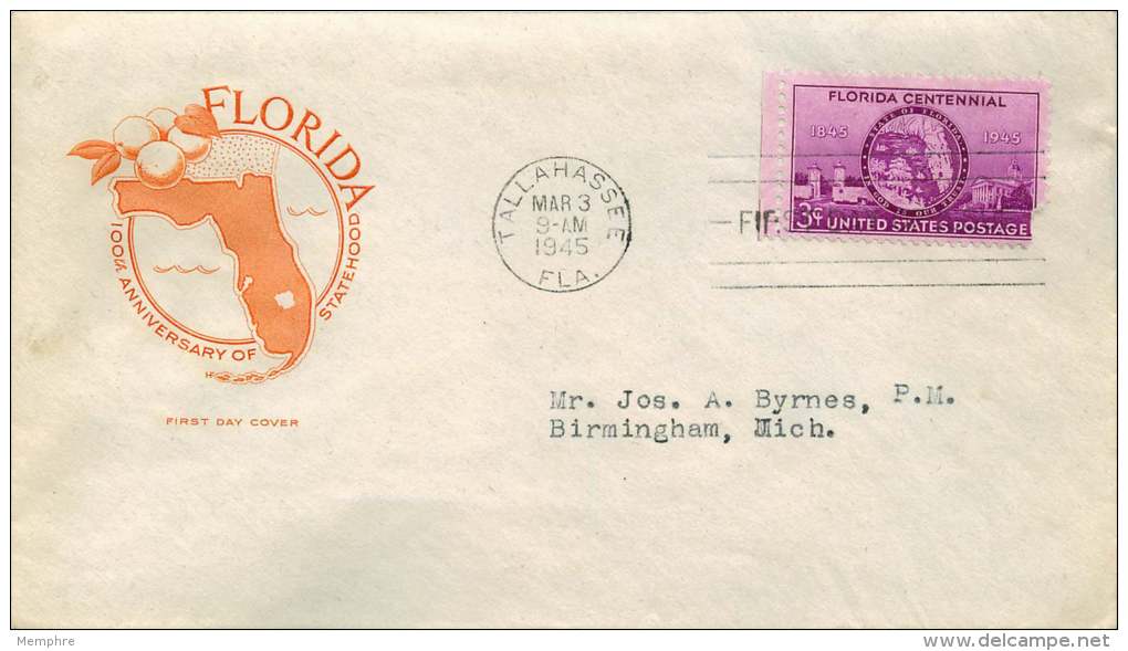 1945  Florida Centennial  Sc 927  HF Cachet - 1941-1950