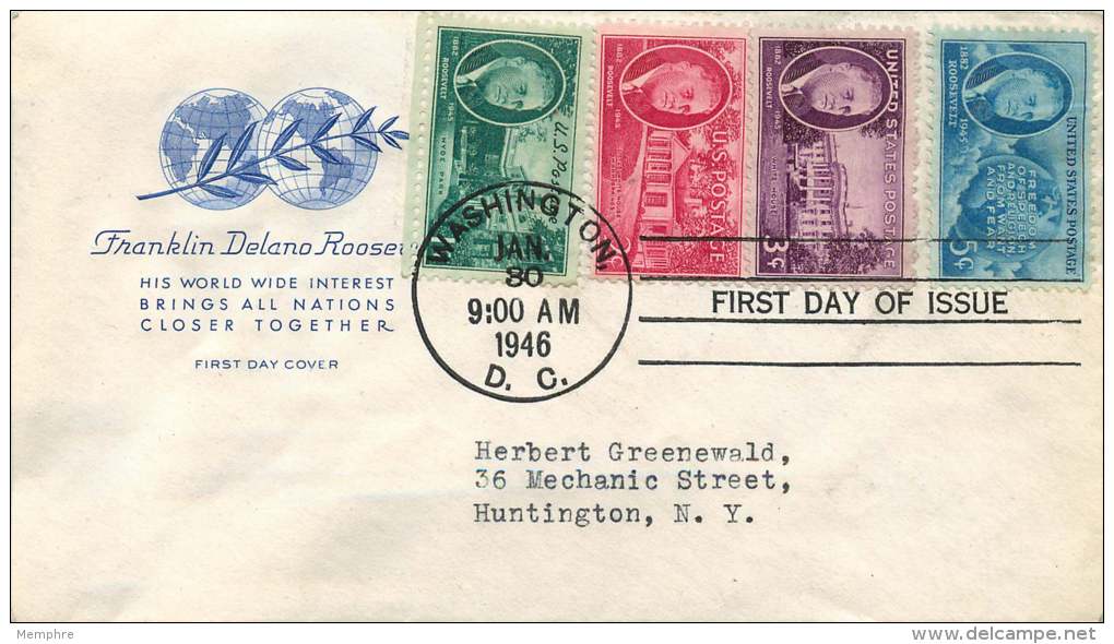 1946   F.D. Roosevelt  Set Of 4 On Single FDC Sc 930-3 - 1941-1950