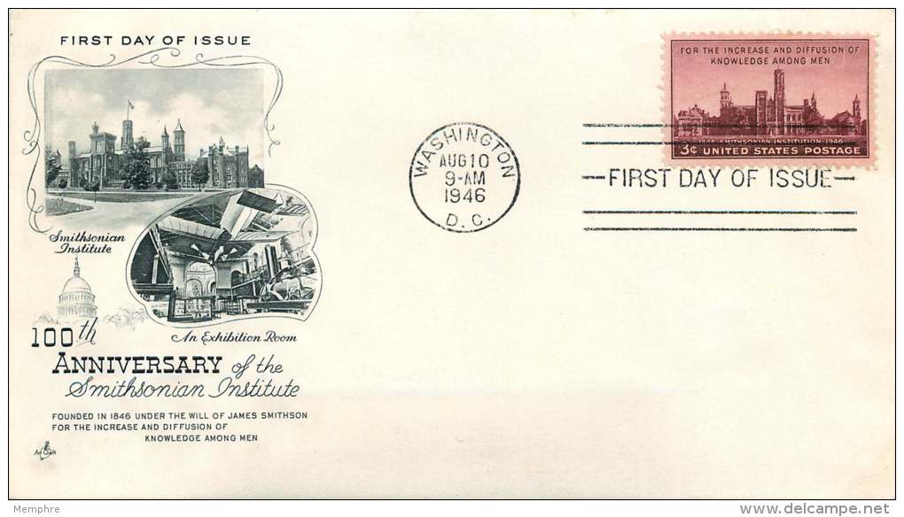 1946  Smithsonian Institution  Sc 943 ArtCraft Cachet Unaddressed FDC - 1941-1950