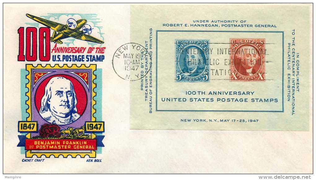 1947  US Postage Stamp Centenary  Souvenir Sheet  Sc 948  Ken Boll - Cachet Craft  Unaddressed FDC - 1941-1950