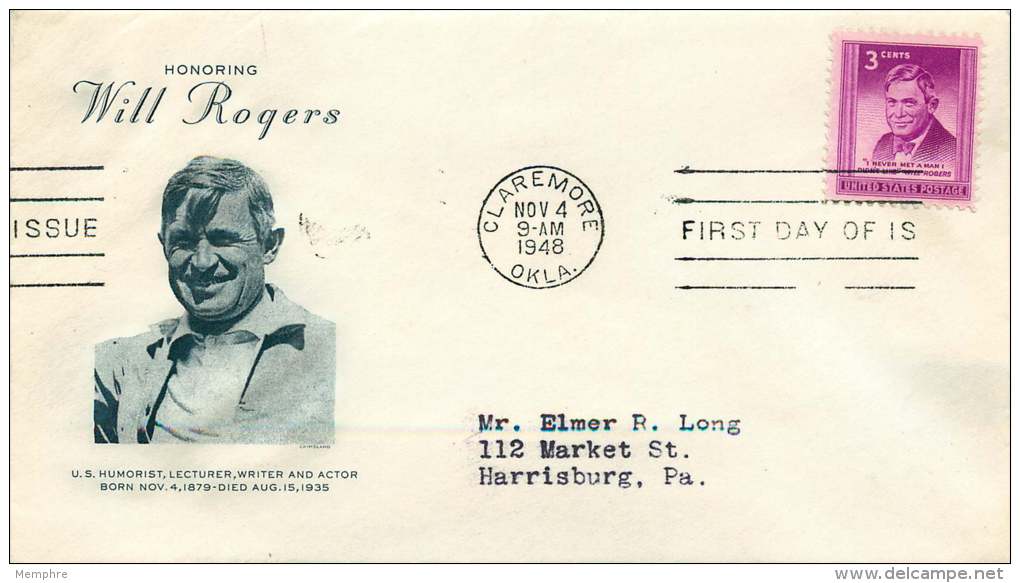 1948   Will Rogers  Sc 975  Grimsland Cachet - 1941-1950