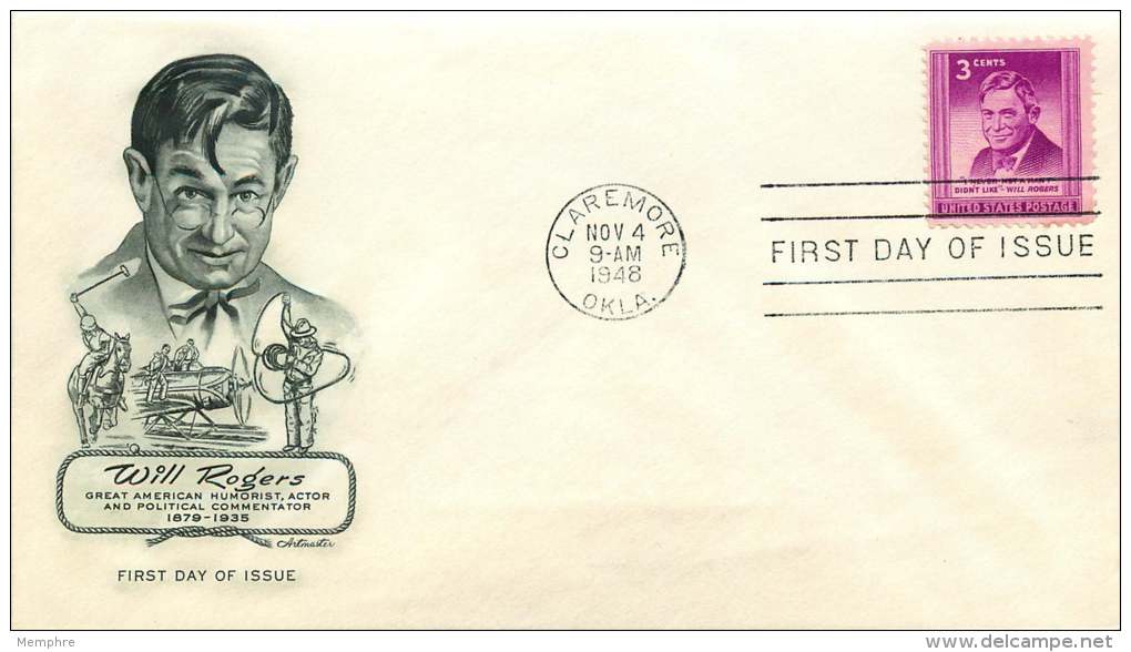 1948   Will Rogers  Sc 975  Artmaster Unaddressed FDC - 1941-1950