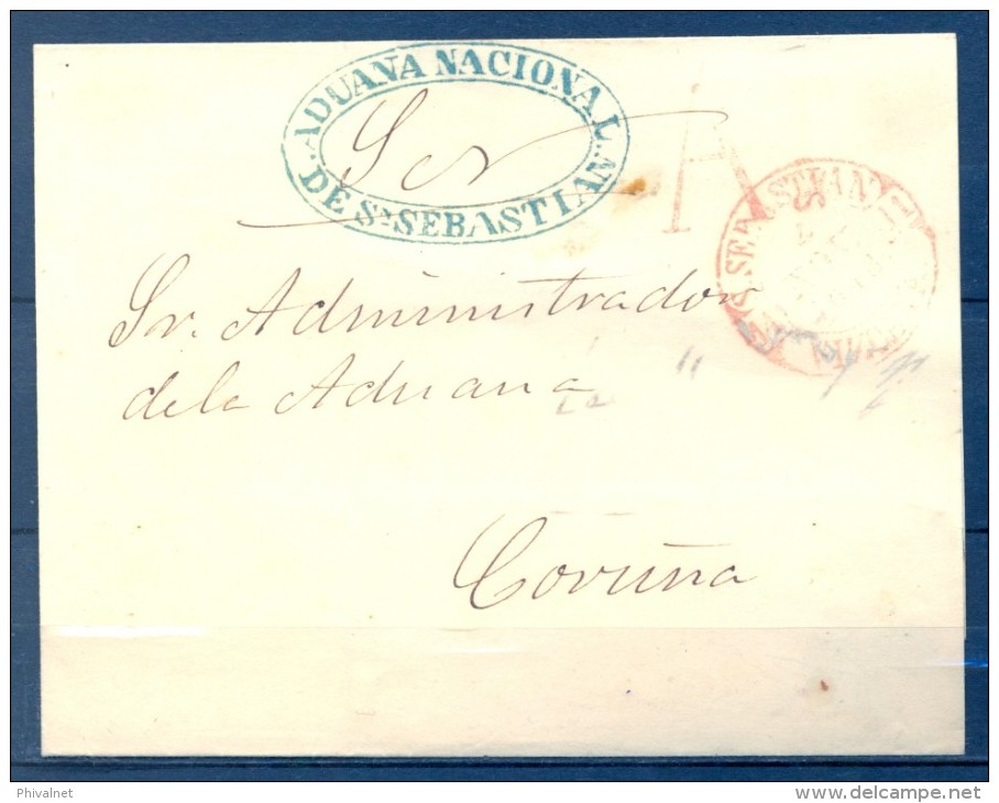 1848 , GUIPÚZCOA , ENVUELTA CIRCULADA ENTRE SAN SEBASTIAN Y CORUÑA , ADUANA NACIONAL , BAEZA, "A" DE ABONO Nº 32 , RARA - ...-1850 Prefilatelia