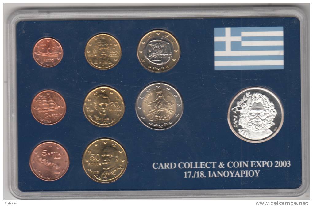 GREECE - Card Collect & Coin Expo 2003/Thessaloniki, Set Of Euro 2002 & Medal With Zeus, Tirage 1000, Unused - Greece