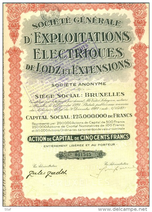 Société Générale D´Exploitations Electriques De Lodz Et Extensions - Electricity & Gas