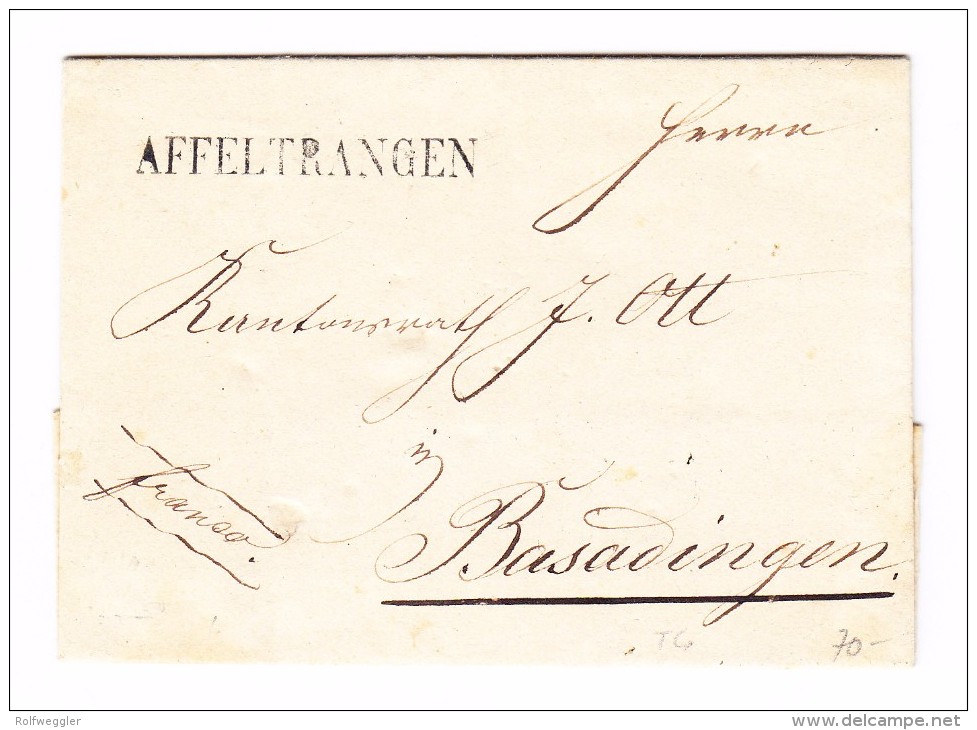 Heimat TG AFFELTRANGEN Stabstempel Brief  Nach Basadingen Rücks. 2-Kreis Stempel Münschweilen 8.1.1849 - 1843-1852 Federal & Cantonal Stamps