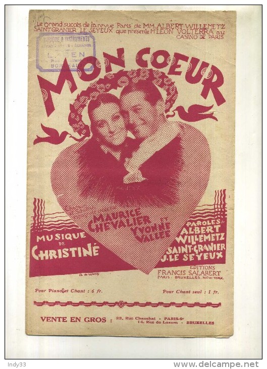 - MON COEUR . CHANSON DE MAURICE CHEVALIER  . - Noten & Partituren