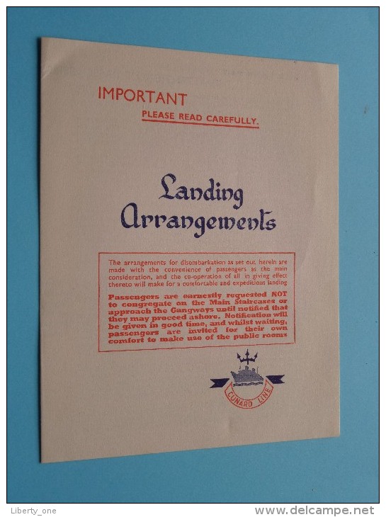 RMS " QUEEN MARY " CUNARD Line - LANDING Arrangements - Anno 1955 ( 8/55. L.P. 33/111. ) ! - Autres & Non Classés