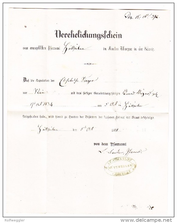 Heimat TG HÜTTWEILEN Langstempel 9.10.1871 Frauenfeld Verhelichungsschein Brief - 1843-1852 Poste Federali E Cantonali