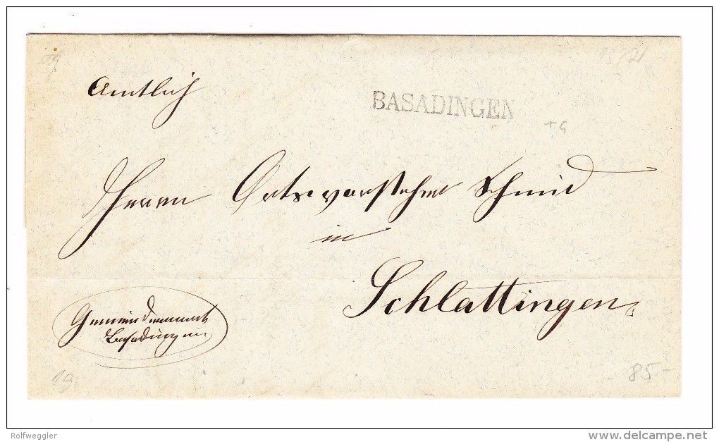 Heimat TG BASADINGEN Langstempel Auf Amtlicher Brief 1872 Nach Schlattingen - Lettres & Documents