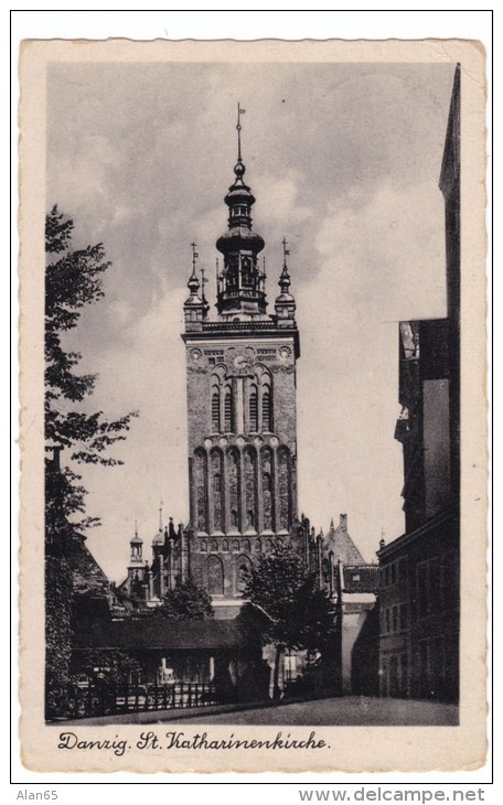 Danzig Germany, St. Catherine Church, C1940s Vintage Postcard, Postally Used 1940s Stamp - Danzig