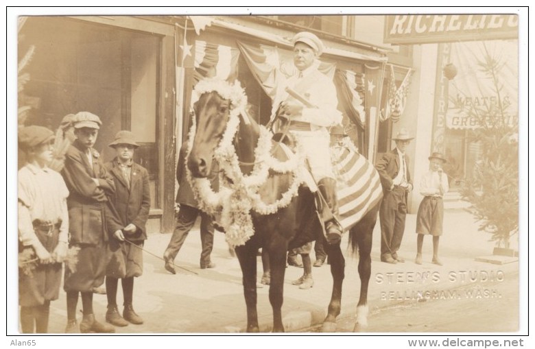 Bellingham Washington State,  Man On Horse Patriotic Theme Steen's Studio B'ham, C1900s/10s Vintage Real Photo Postcard - Andere & Zonder Classificatie