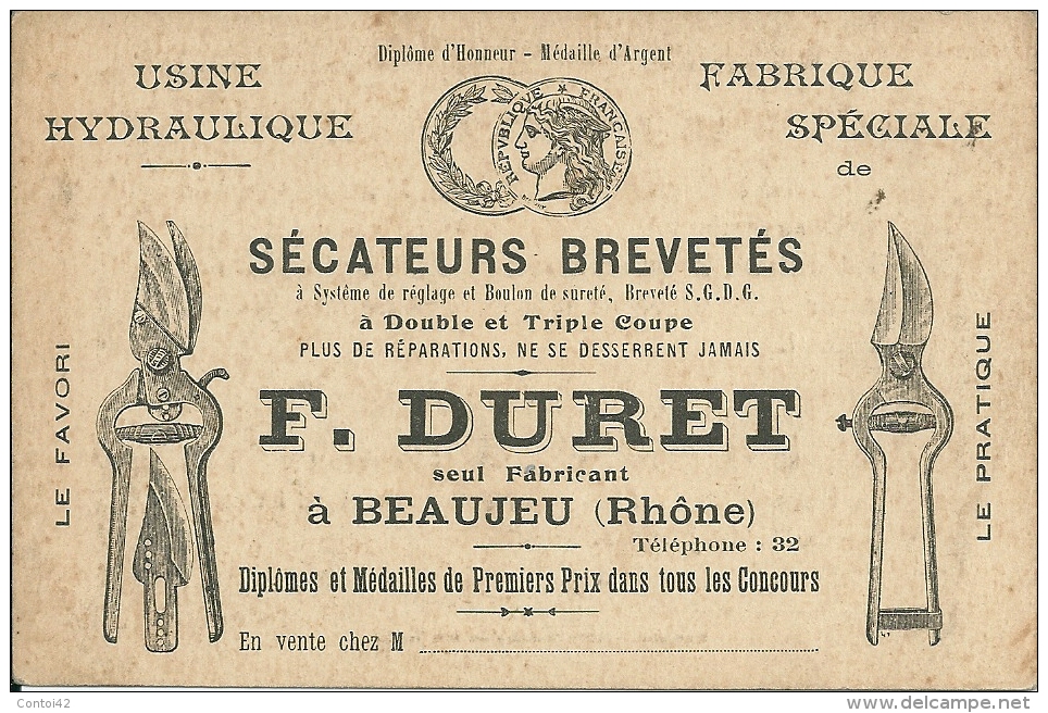 69 BEAUJEU DURET SECATEUR USINE AGRICULTURE CARTE DE VISITE RHONE - Cartes De Visite