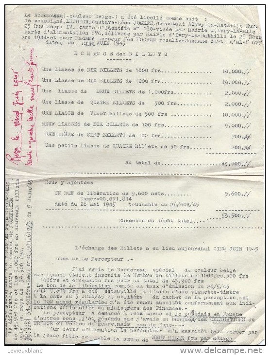 Libération/ Echange De Billets De Banque Contre Un Bon De Libération/Lecoeur/Ivry La Bataille/Percepteur/1945    OL65 - Otros & Sin Clasificación