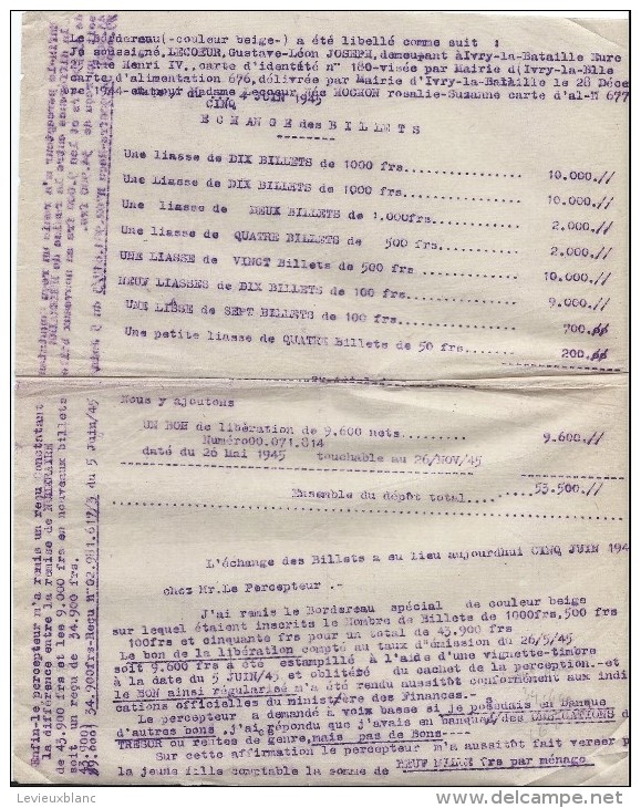 Libération/ Echange De Billets De Banque Contre Un Bon De Libération/Lecoeur/Ivry La Bataille/Percepteur/1945    OL66 - Autres & Non Classés