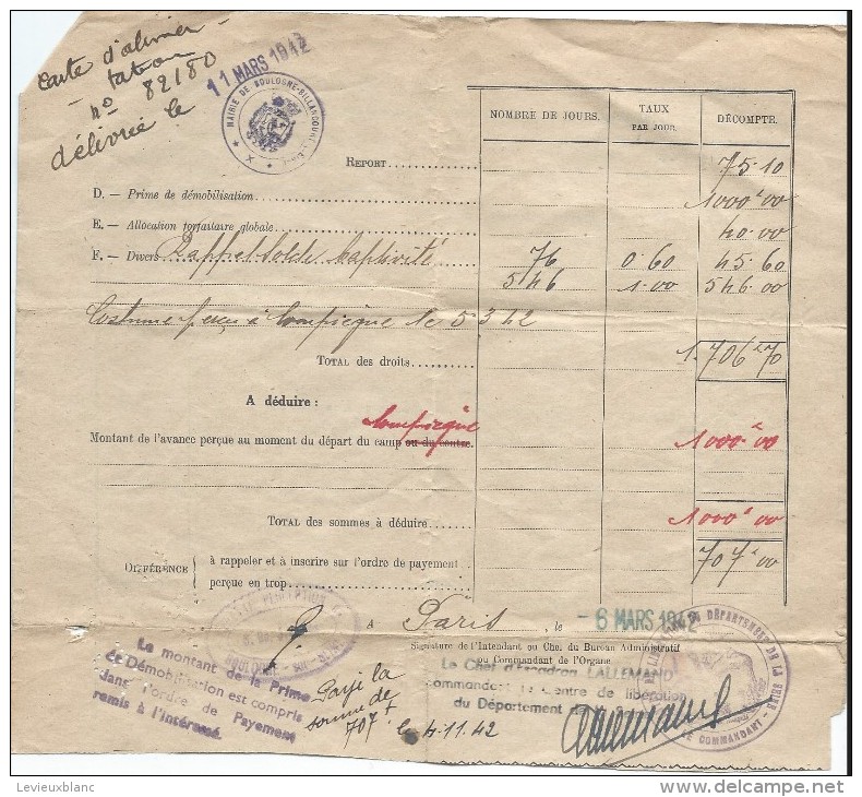 Occupation/ Imprimé De Déclaration De Libération D'un Prisonnier De Guerre Interné/Fages/Paris/1942    OL68 - Autres & Non Classés