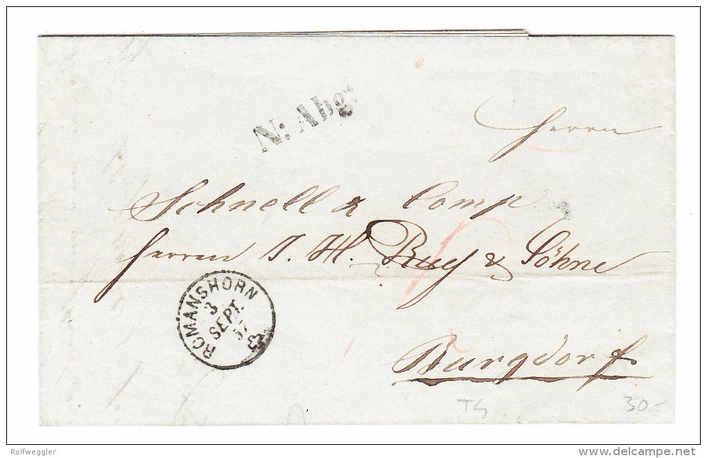 Heimat TG Romanshorn 3.9.1857 Fingerhutstempel Brief Nach Burgdorf Vermerk " N:Abg." - Lettres & Documents