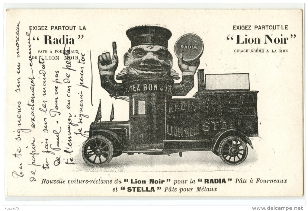 PUBLICITE - NOUVELLE VOITURE RECLAME DU LION NOIR POUR LA RADIA PATE A FOURNEAUX ET STELLA PATE POUR METAUX - Publicité