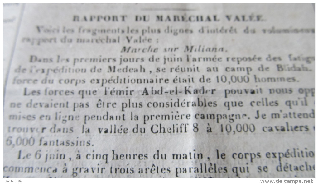 CAMPAGNE D´AFRIQUE - RAPPORT DU MARECHAL VALEE - PRISE DE MILIANAH - ABD-el-KADER -JOURNAL DE TOULOUSE DE 1840. - 1800 - 1849