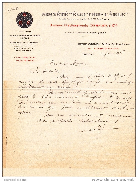 LETTRE Document Commercial Société ELECTRICITE électro Câble (Debauge & Cie) Paris 2 Rue Penthièvre En 1918 - 1900 – 1949