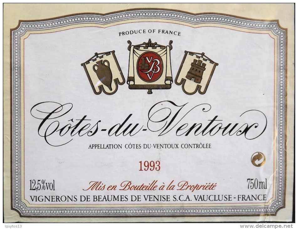 ETIQUETTE De VIN " CÔTES Du VENTOUX 1993 " - Vignerons De Baumes De Venise 12,5° - 75cl - Décollée Bon Etat  - - Côtes Du Ventoux