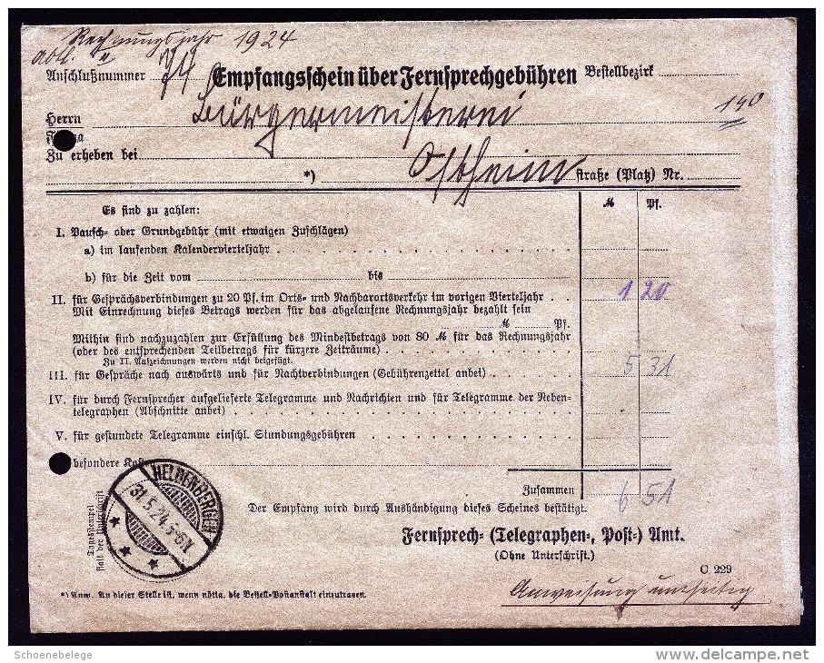 A3759) DR Empfangsschein Für Fernsprechgebühren Von Ostheim 1924 - Briefe U. Dokumente