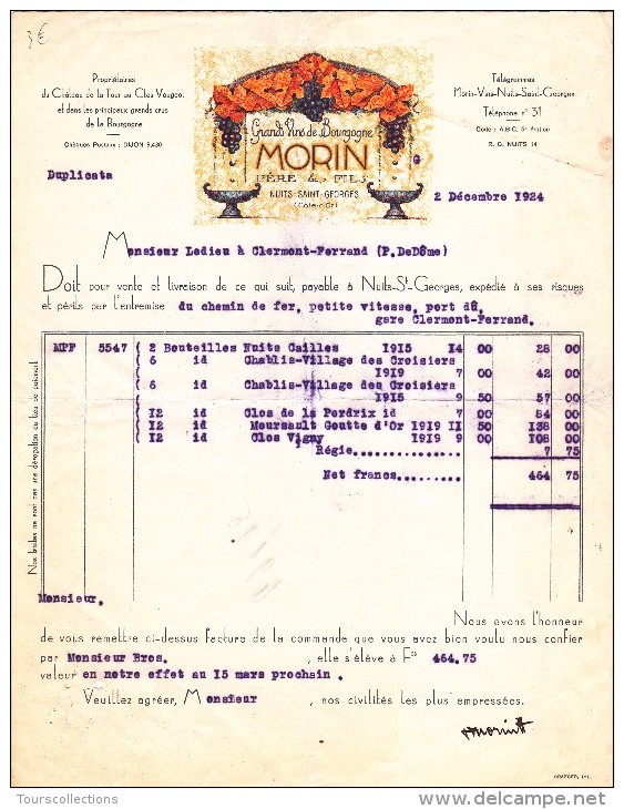 LETTRE Document Commercial Vin Bourgogne MORIN Nuits St Georges 1924 à Mr Ledieu Maxim's Bar à Clermont Fd - Contentieux - 1900 – 1949