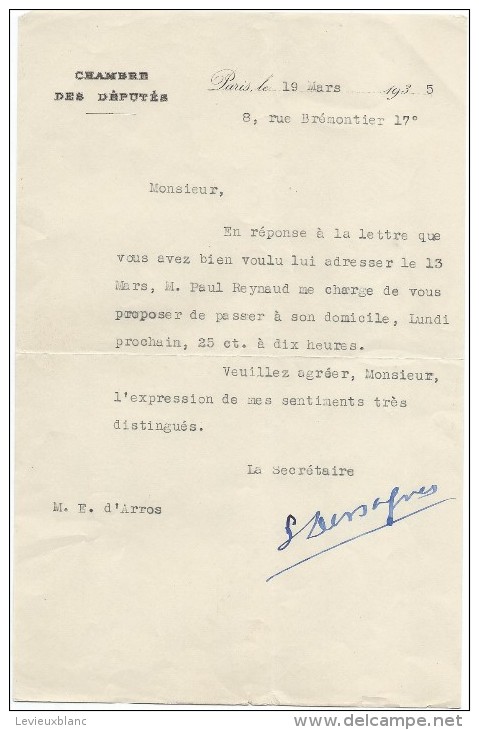 Convocation à Un Rendez-vous / Chambre Des Députés / Paul REYNAUD/Paris /1935   VPN38 - Non Classés