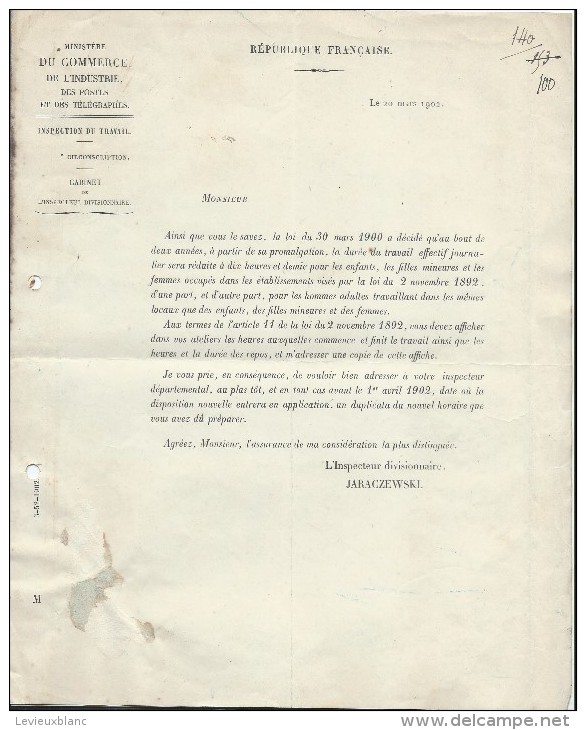 Insp.duTravail/Lettre Circulaire Obligation Affichage Des Horaires De Travail Enfants Et Femmes/Paris /1902   VPN39 - Non Classés