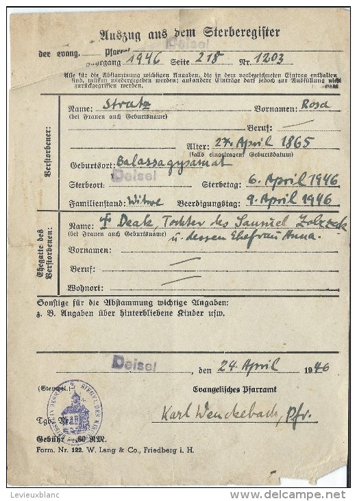 Certificat De Décés Et D'Inhumation/ DEISEL/ Eglise Evangélique/ Pasteur / 1946        AEC18 - Non Classés