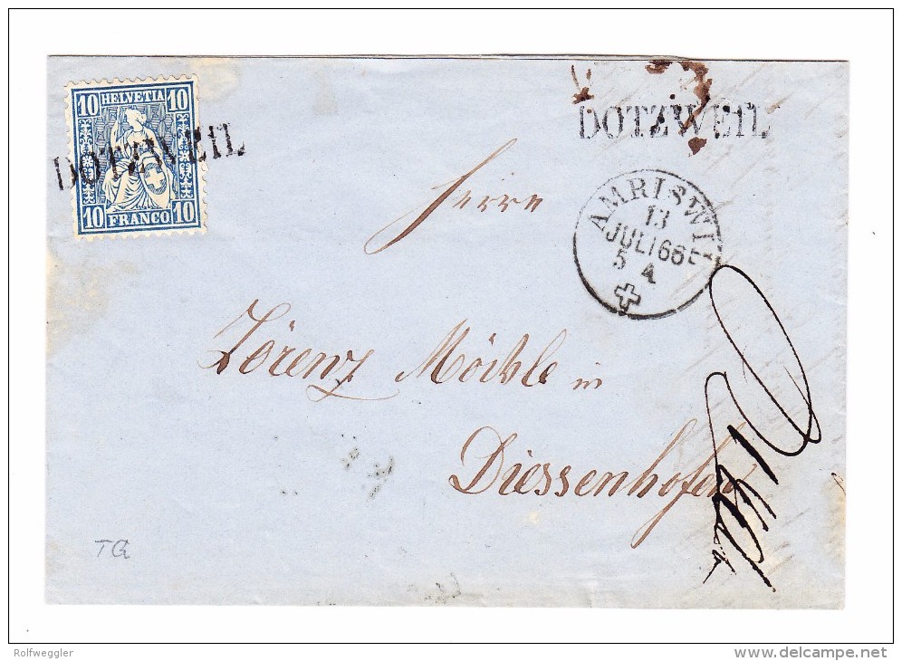 Heimat TG DOTZWEIL Stabstempel 13.7.1866 Amriswil Brief Nach Diessenhofen Mit 10Rp Sitzende Transit Fingerhut Steckborn - Lettres & Documents