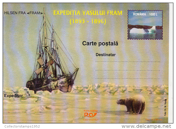 38216- FRAM SHIP ARCTIC EXPEDITION, POLAR BEAR, POSTCARD STATIONERY, 2001, ROMANIA - Expediciones árticas