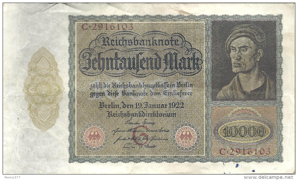 ALLEMAGNE -- REICHSBANKNOTE 10.000 Mark -- Berlin , Den 19 Januar 1922 -- C. 2916103 - 10000 Mark