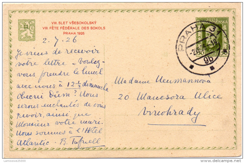 TCHECOSLOVAQUIE ENTIER CONGRES OLYMPIQUE INTERNATIONAL PRAGUE 1925 SOKOLS TEXTE  ROUGE - Ansichtskarten