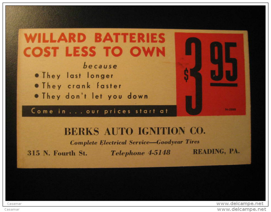 Reading 1936 Willard Batteries Berks Auto Advertising Publicity Comercial Private Postal Stationery Card USA - 1921-40