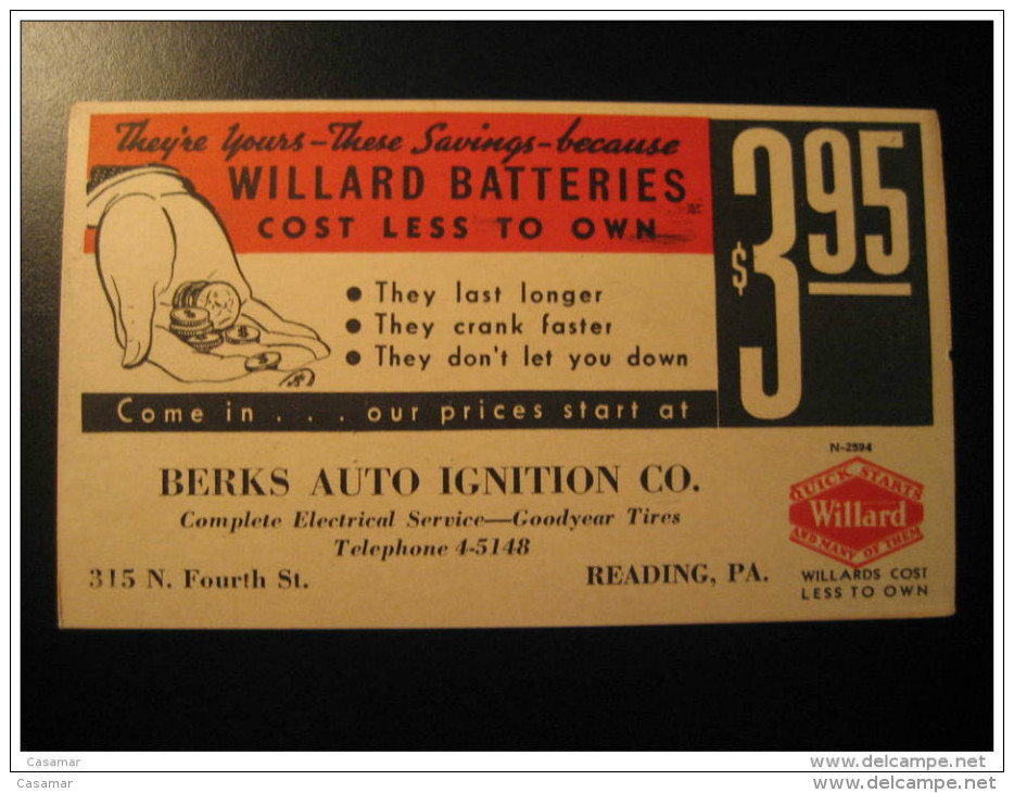 Reading 1936 Willard Batteries Berks Auto Ignition Co Advertising Publicity Comercial Private Postal Stationery Card USA - 1921-40